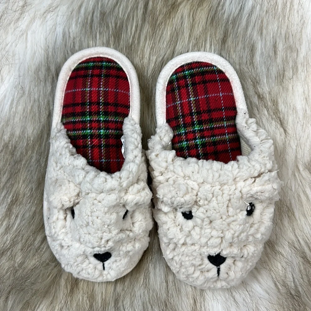 Girls Size 9-10 Cream Faux Fur Bear Slippers Plaid Target
